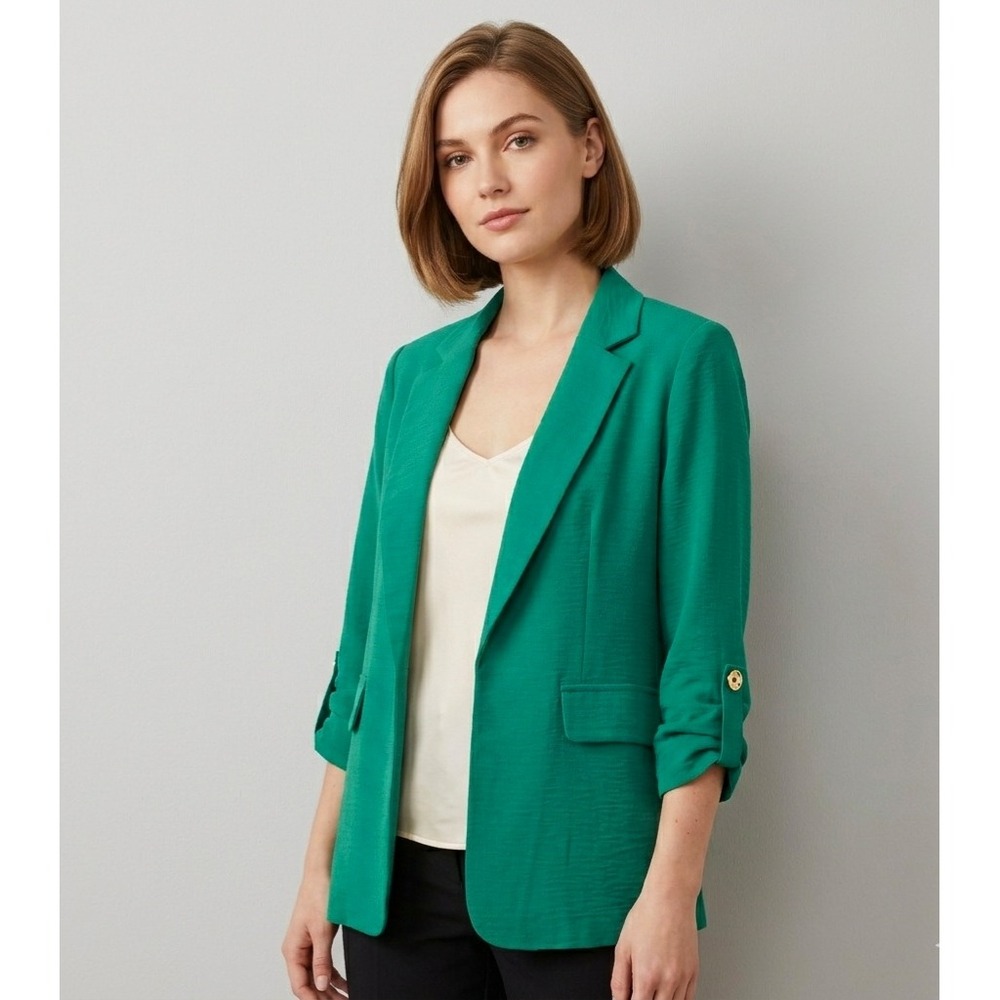 NYCC Blazer Jacket Size S Green Roll-Tab Sleeve Open Front Textured Jacket